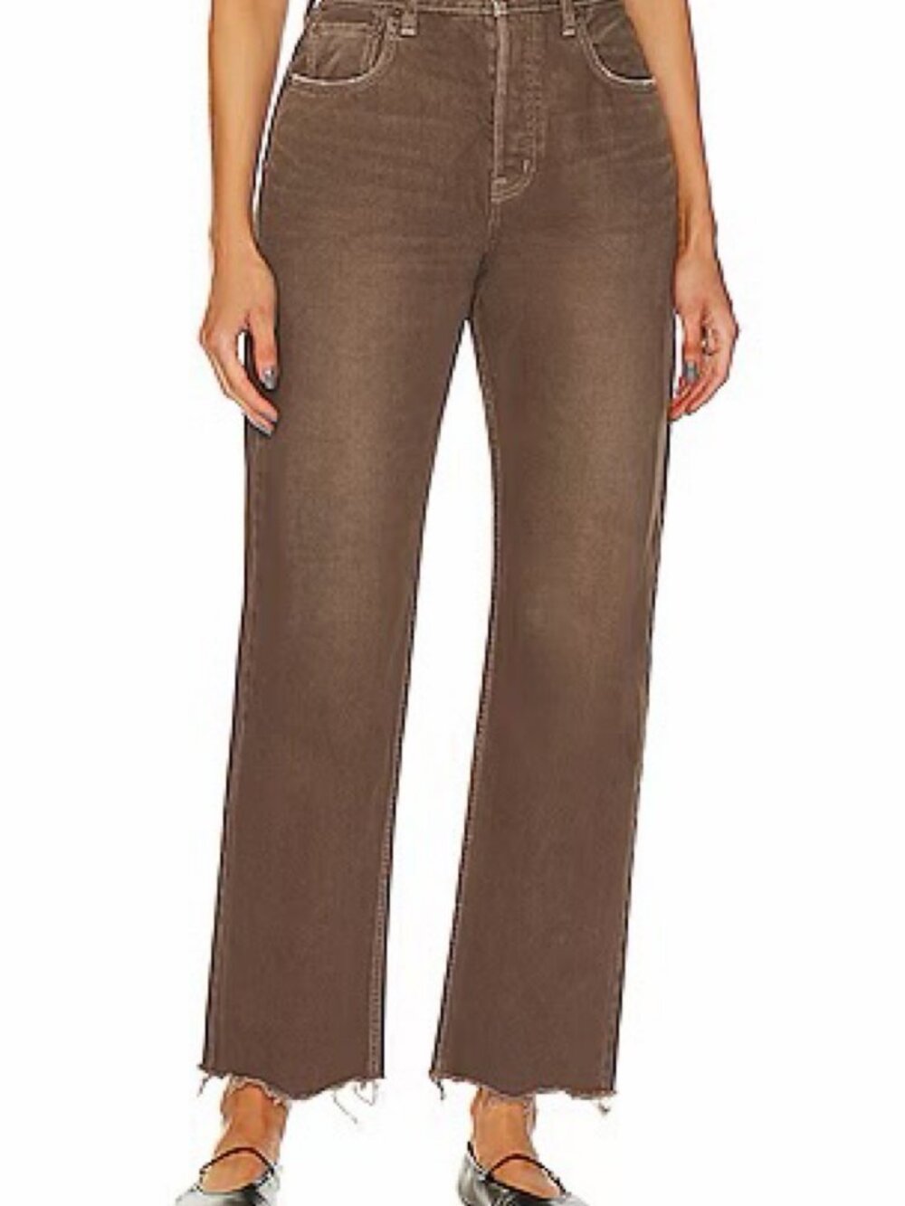 Moussy Vintage Emery Wide Straight Jeans Size 27 Brown Frayed Hem